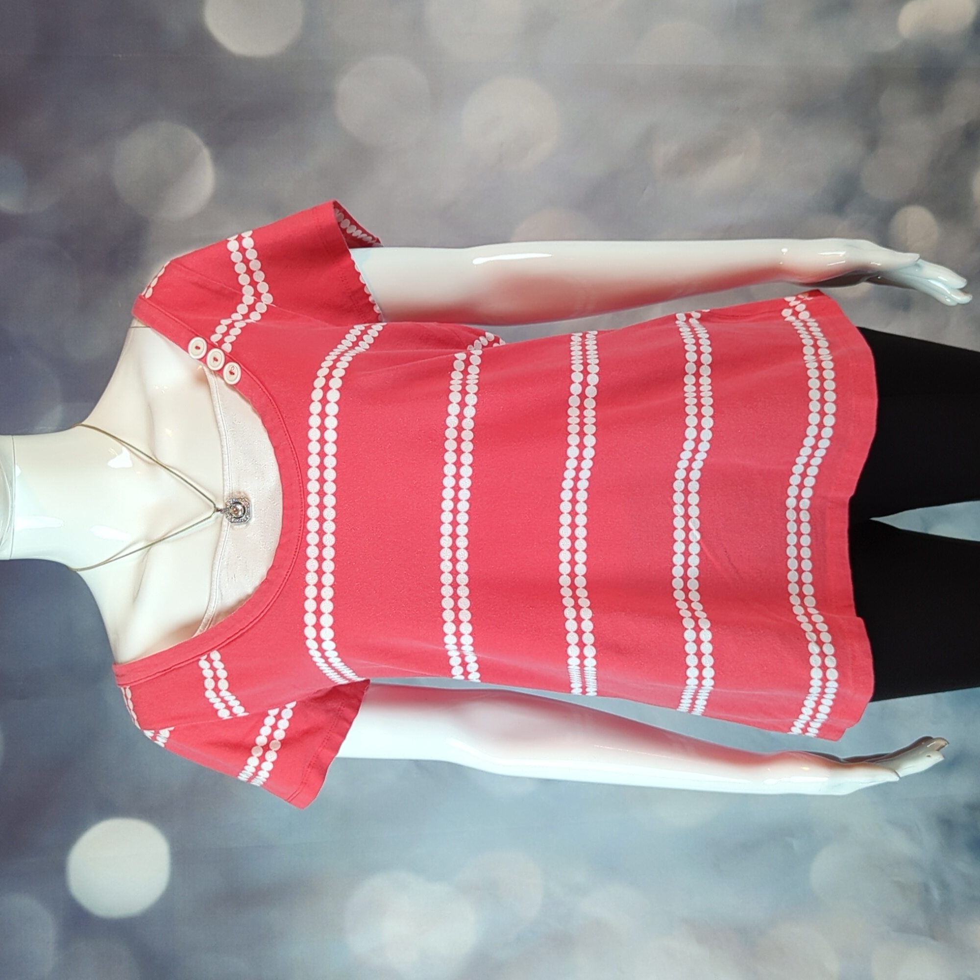 Passports Red & White Striped Short Sleeve Blouse With Button Embellishment Xl
